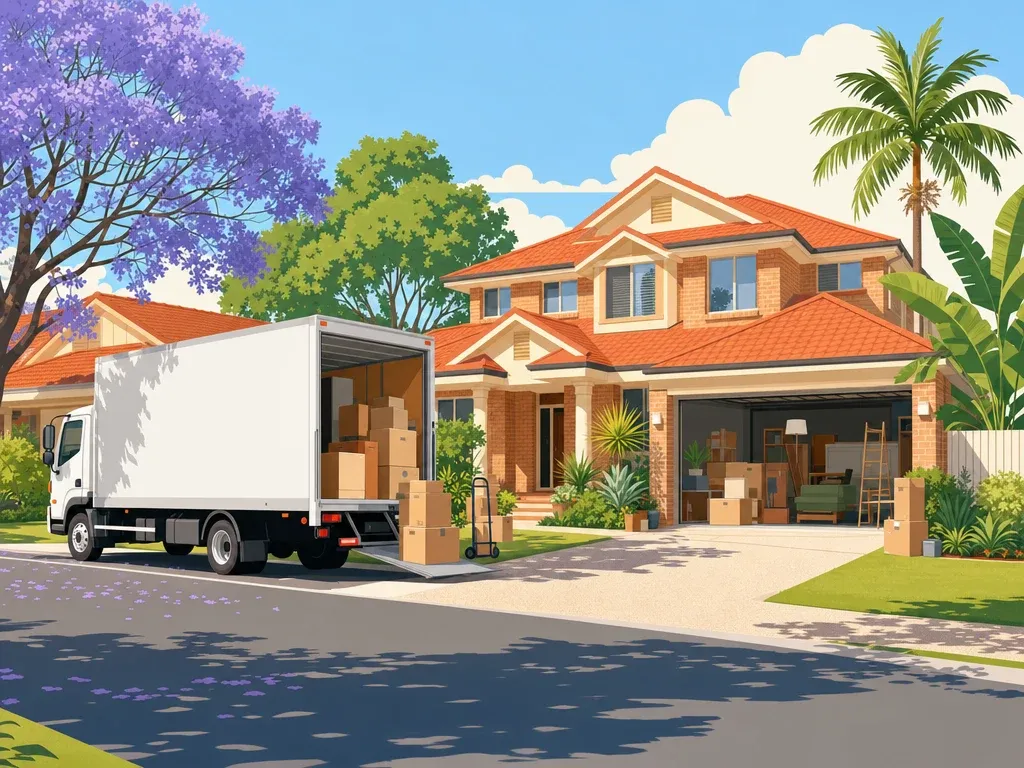 A sunny northern Brisbane street of large brick family homes with a removal truck loading out front